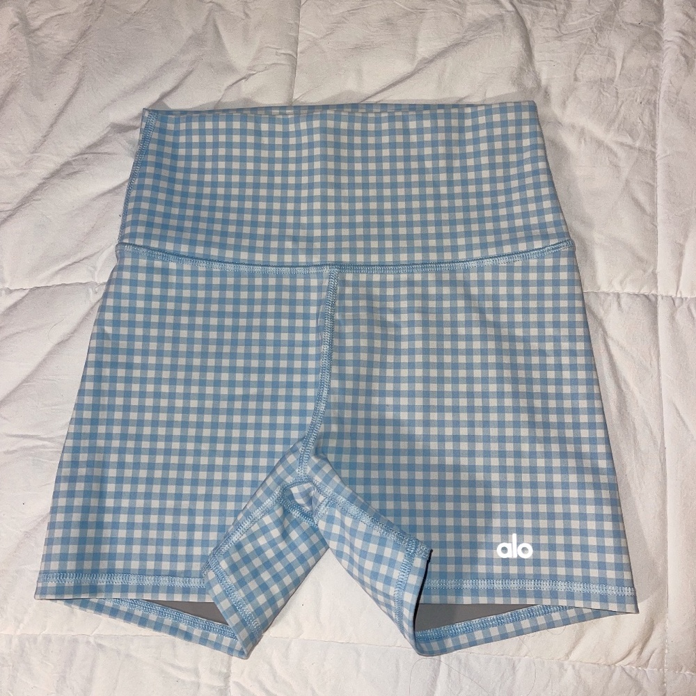 Alo Yoga high waisted blue gingham bike shorts, size small